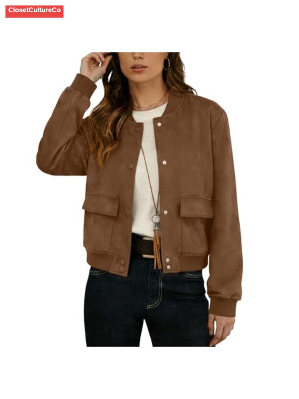 Faux Suede Leather Cropped Bomber Jacket Button Down Long Sleeve Casual